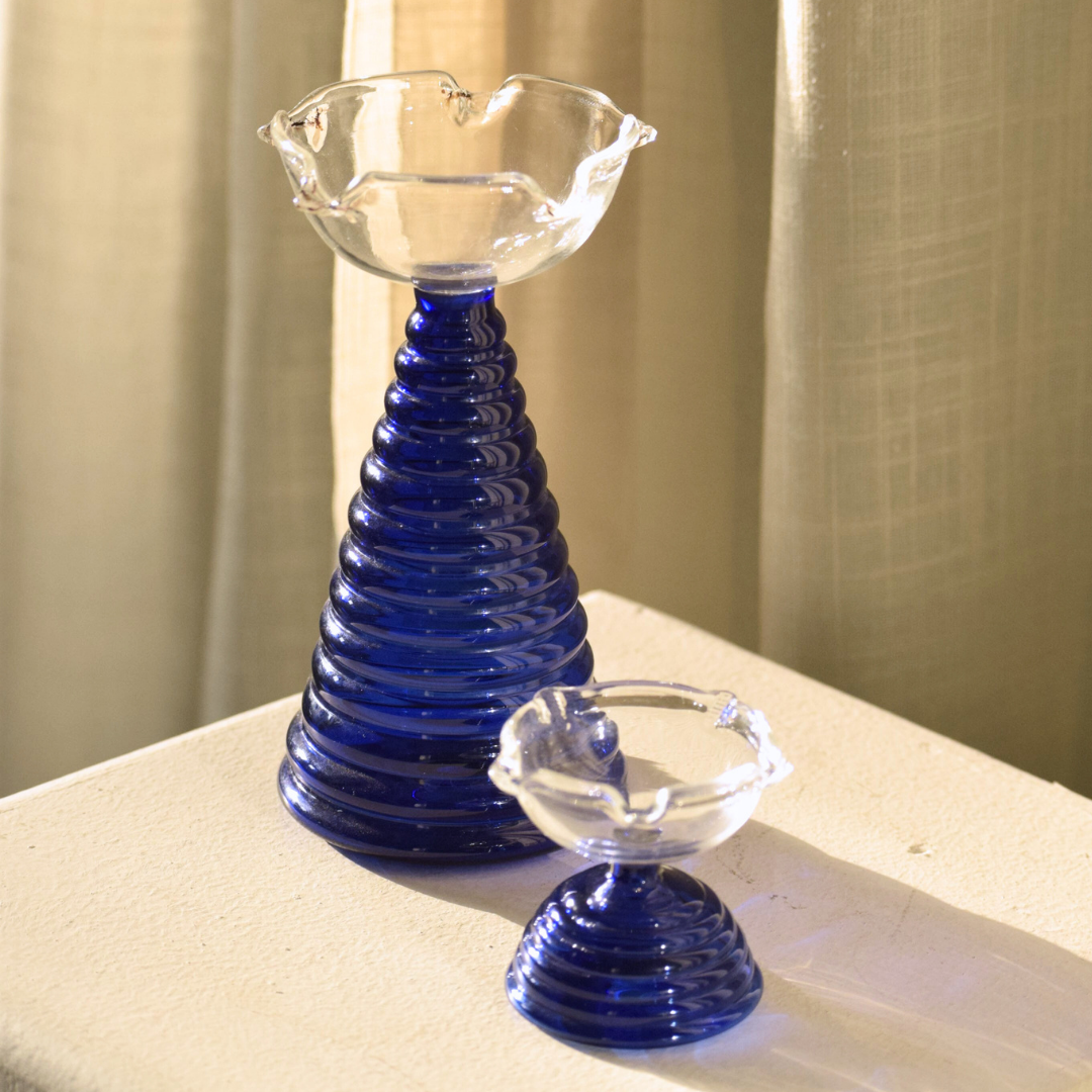 Tall Glass Diya Blue